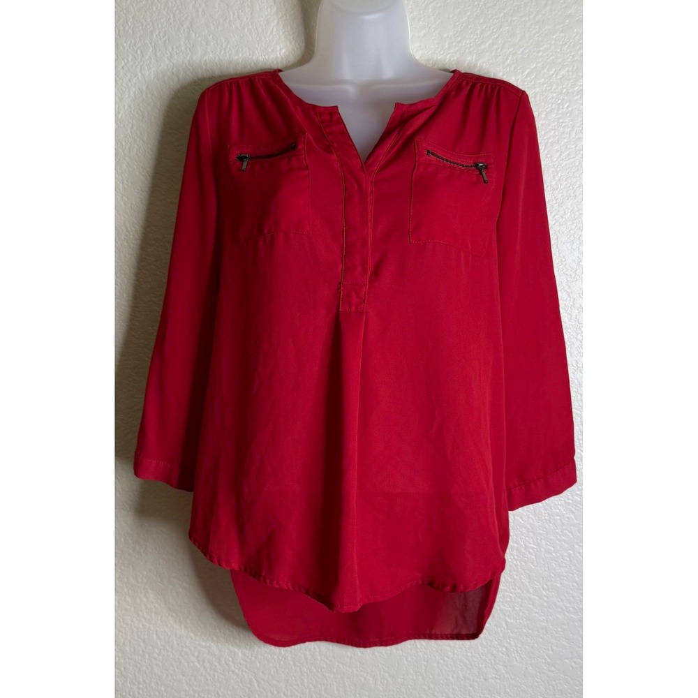 My Michelle Womens Small Blouse Red 3/4 Roll Tab Sleeve Zipper Pocket High Low